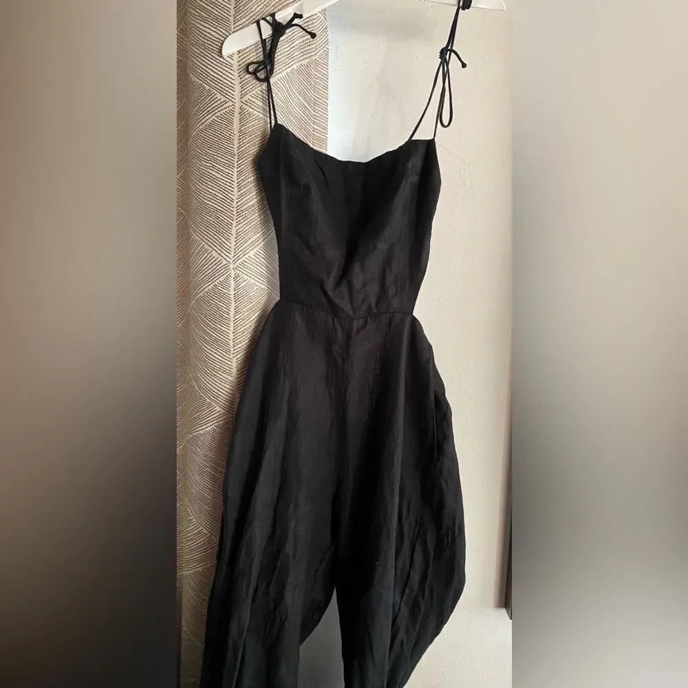 Reformation Rufus Jumpsuit Black Backless Back Linen Tie Straps Pockets Crop Sz4